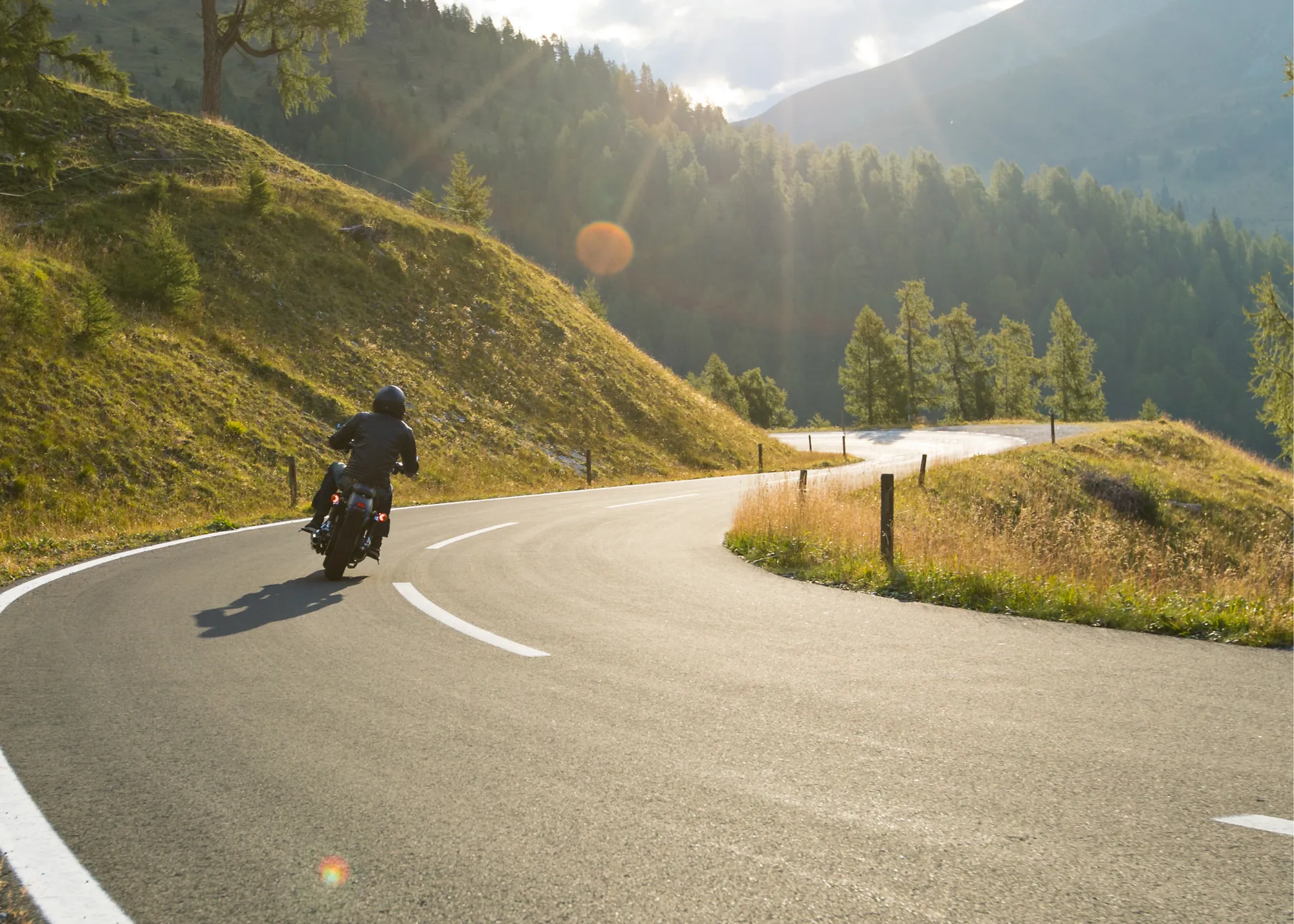 Spring motorcycle riding on a winding road in North Alabama